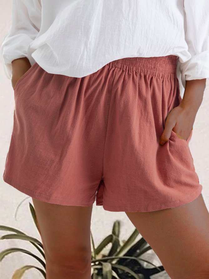 Women's High Waist Solid Color Casual Linen Pocket Straight Shorts
