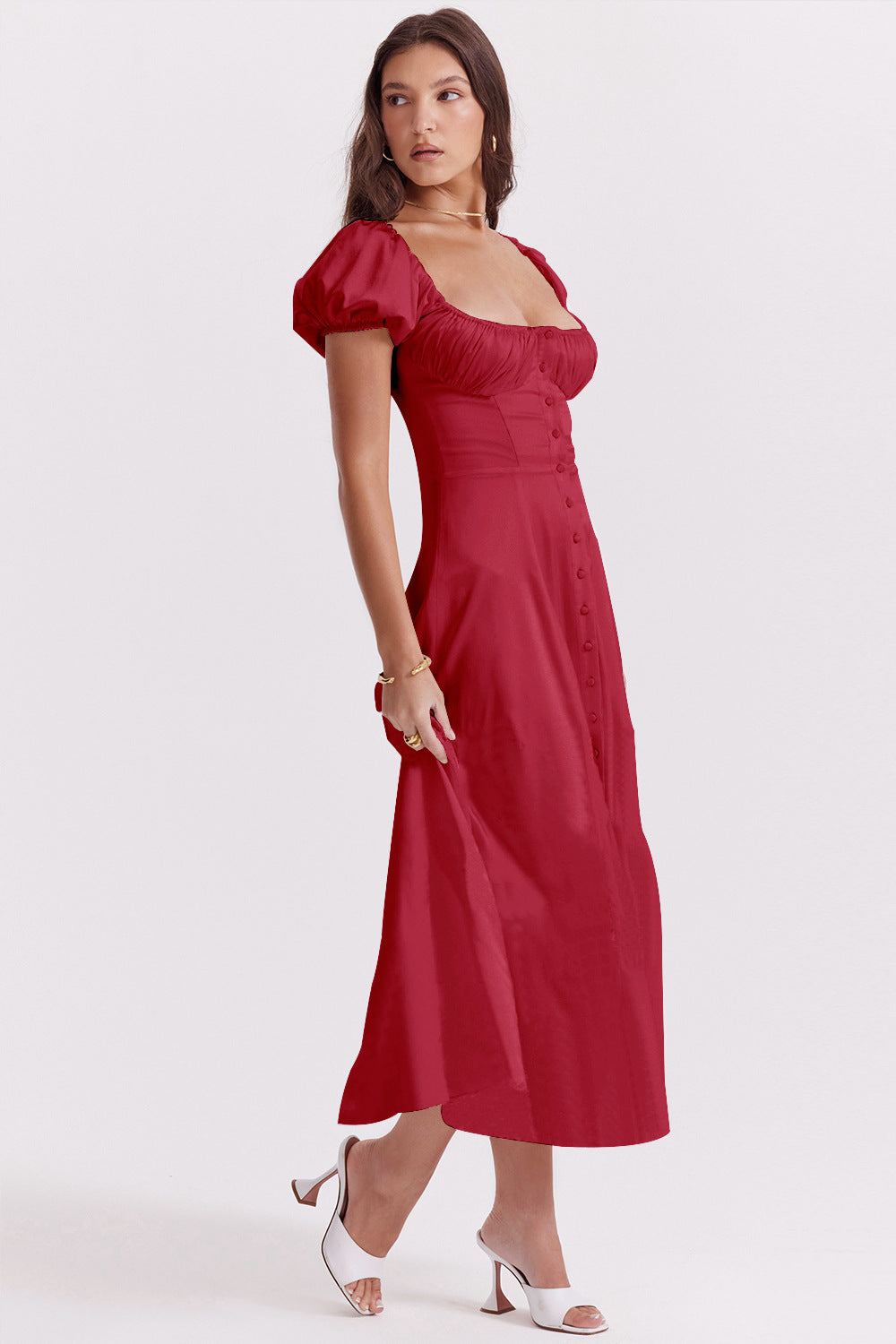 Summer Cross-border Puff Sleeve Solid Color High-end French Dress