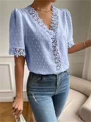 Floral Lace Short Sleeve Shirt Summer Fashion V-Neck Tops Women's Clothing