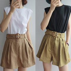 Linen Bamboo Belt Round Buckle High Waist Wide Leg Shorts