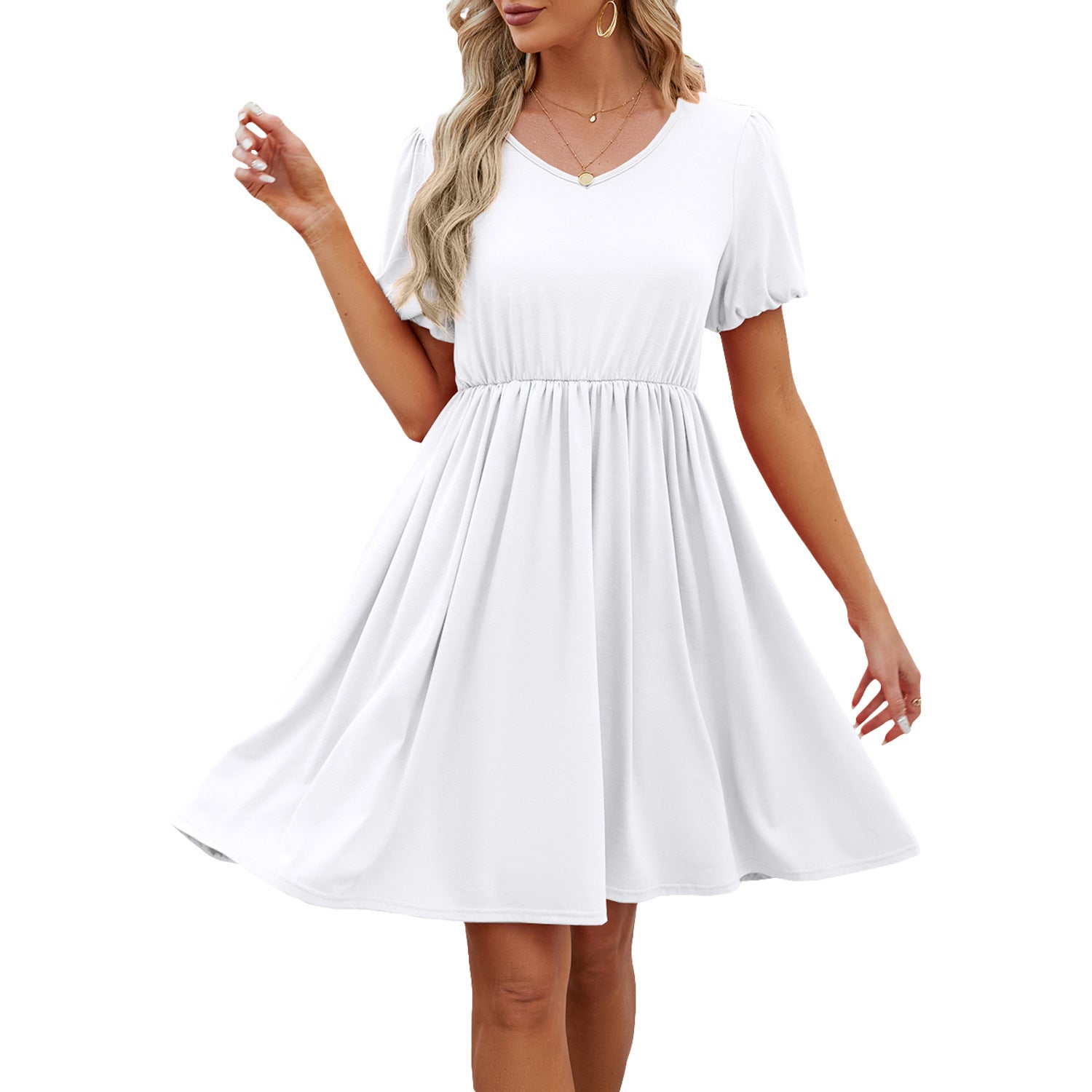Women's Solid Color Puff Sleeves Pleated Swing Skirt