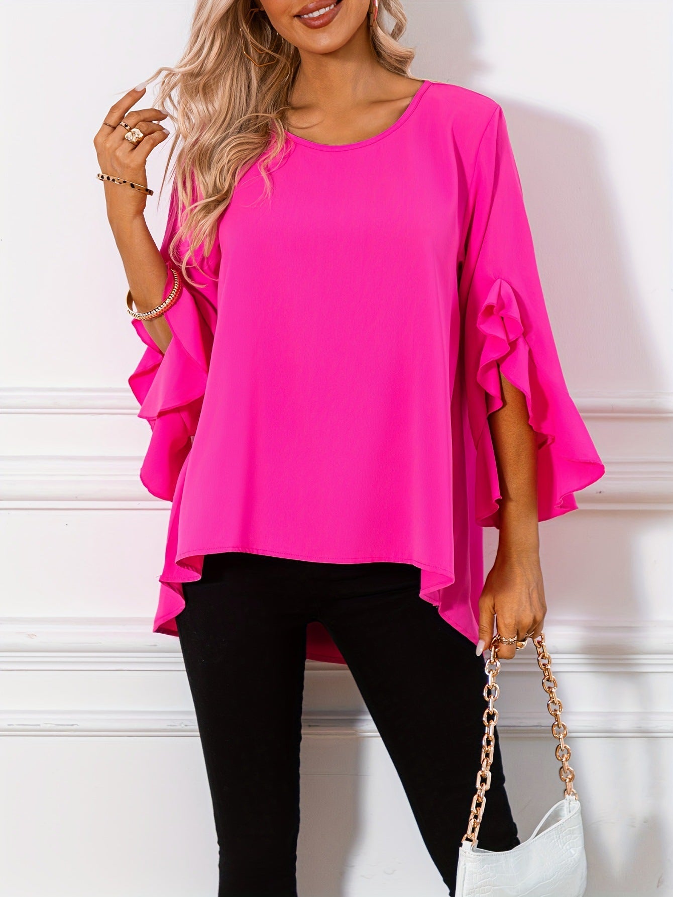 Solid Color Round Neck Shoulder Ruffle Sleeve Irregular Women's Top