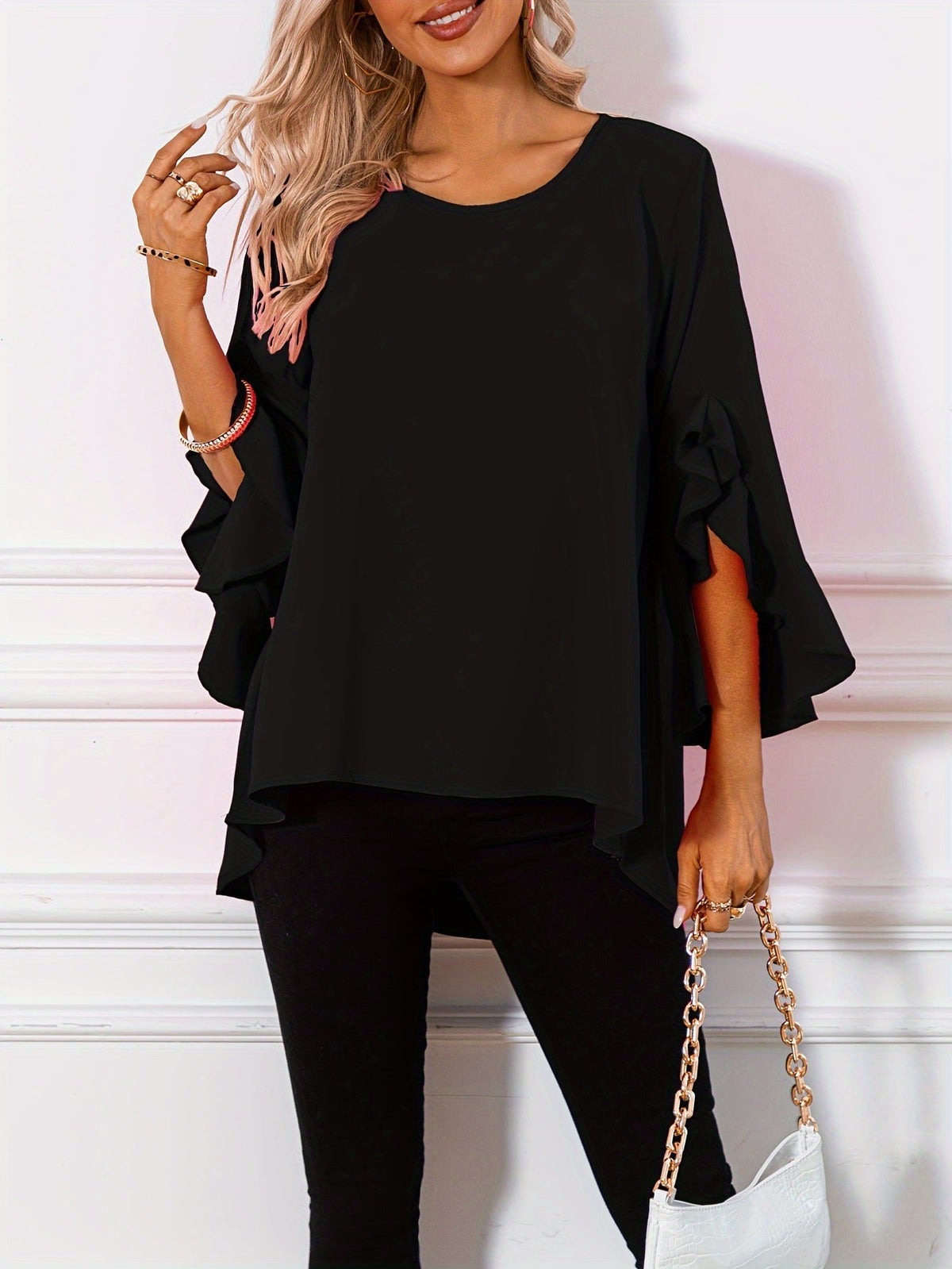 Solid Color Round Neck Shoulder Ruffle Sleeve Irregular Women's Top