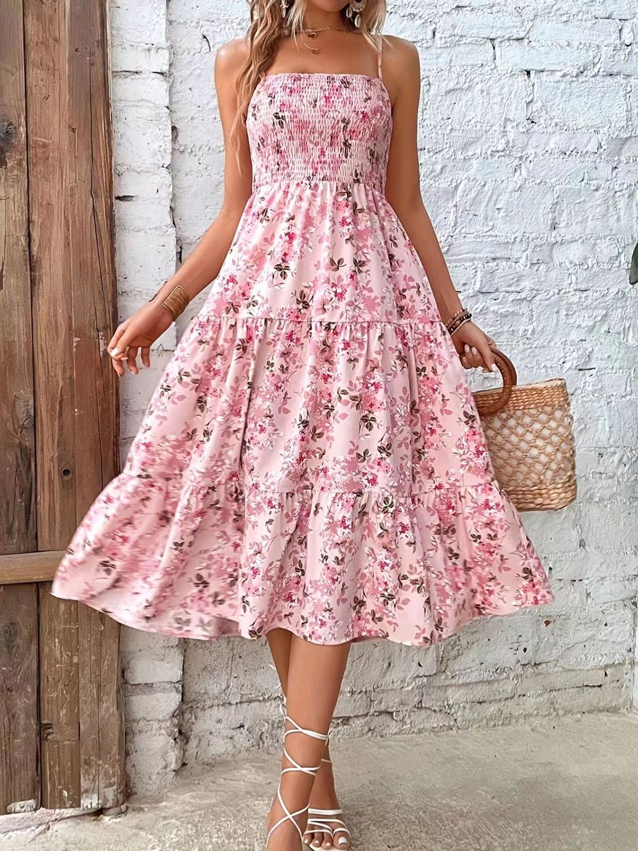 Floral Print Ruffle Hem Ruched Strap Dress – Summer Sleeveless Sundress for Women