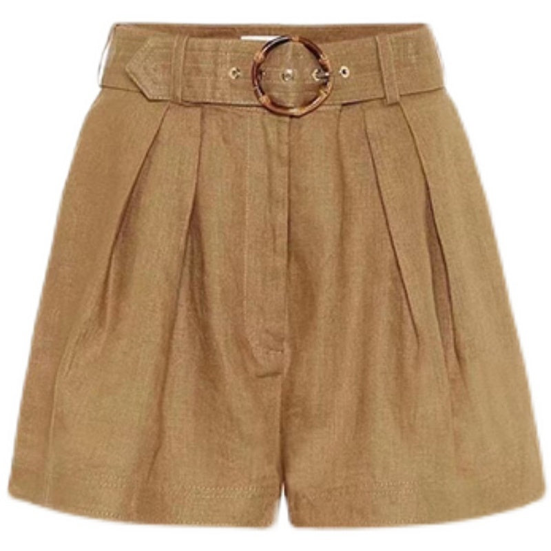 Linen Bamboo Belt Round Buckle High Waist Wide Leg Shorts