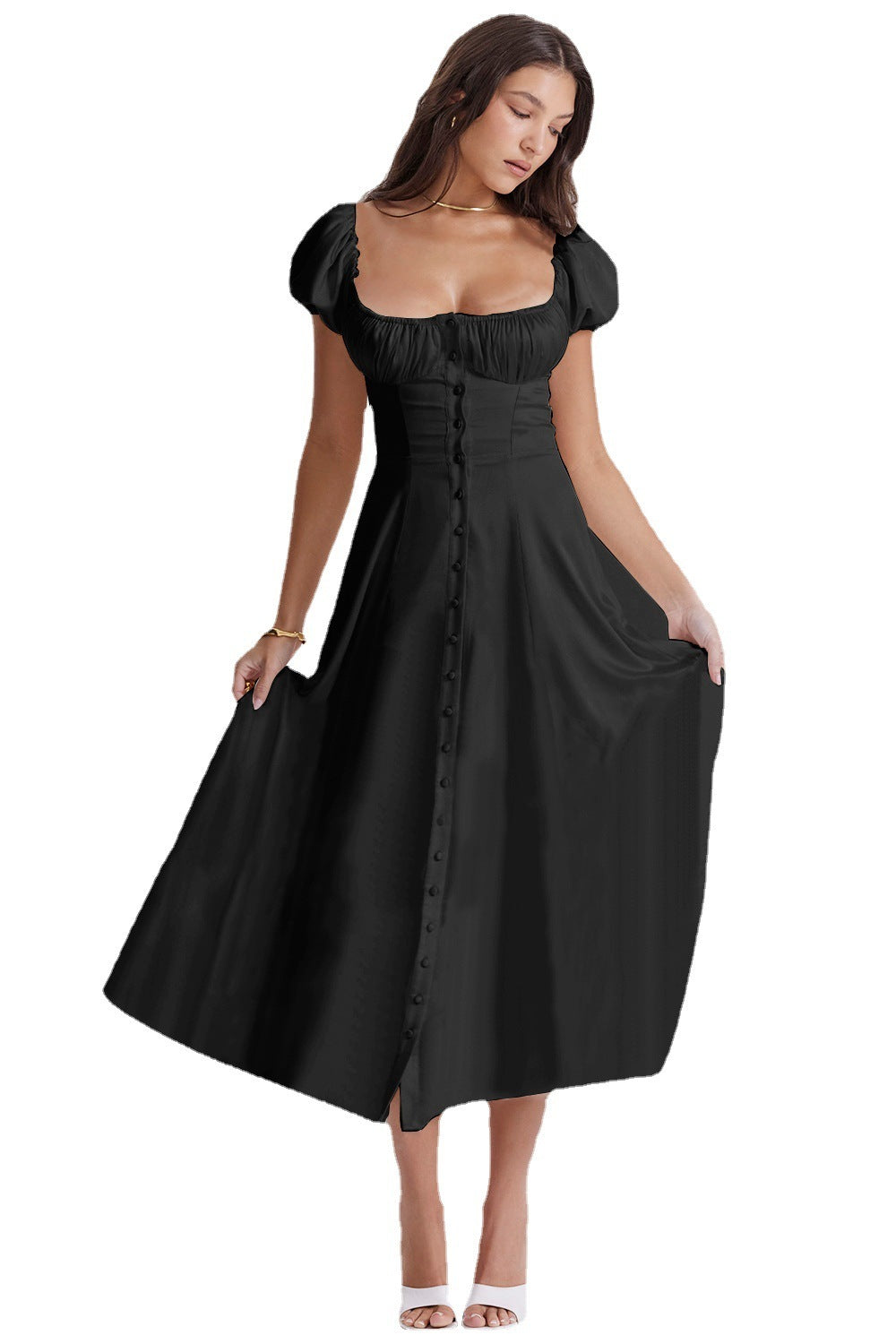 Summer Cross-border Puff Sleeve Solid Color High-end French Dress