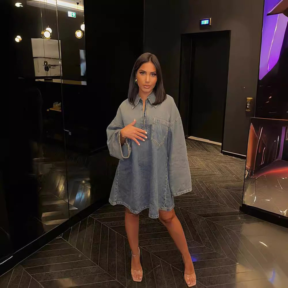 Lapel Patch Pocket Bell Sleeve Denim Dress - Shirt