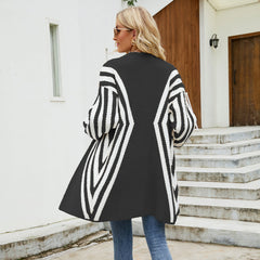 Women's Clothing V-neck Color-block Striped Loose Oversized Cardigan