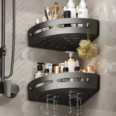 3 Tier Corner Shower Shelf Bathroom Rack Black No Drill Wall Mounted Storage UK