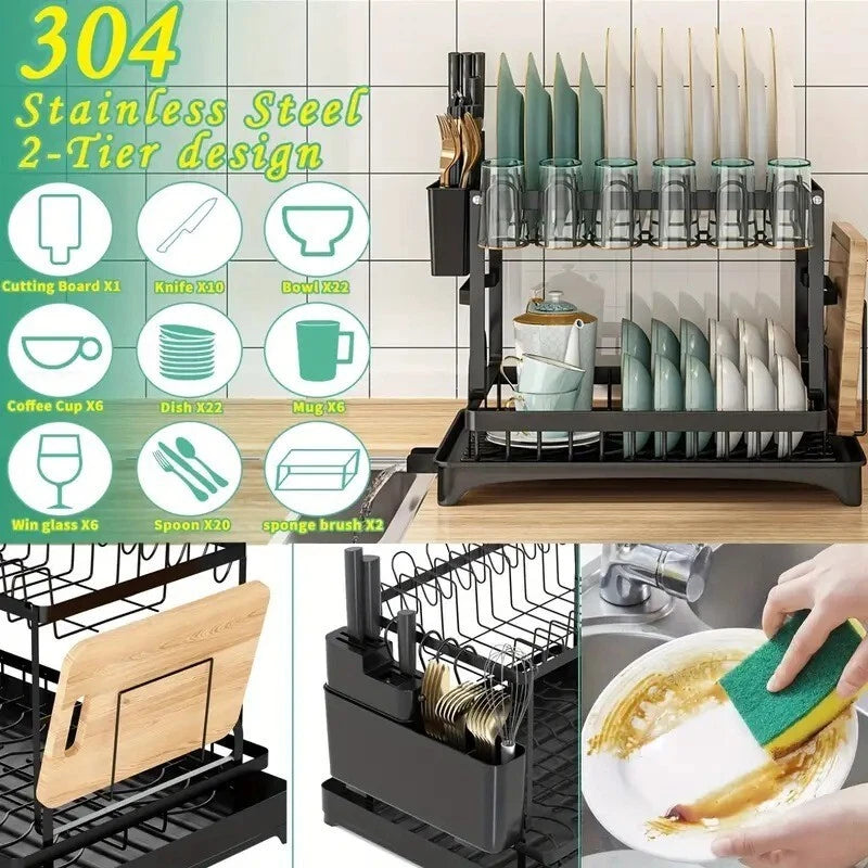 2-Tier Over Sink Dish Drying Rack – Large Stainless Steel Kitchen Organizer