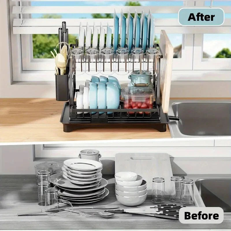 2-Tier Over Sink Dish Drying Rack – Large Stainless Steel Kitchen Organizer