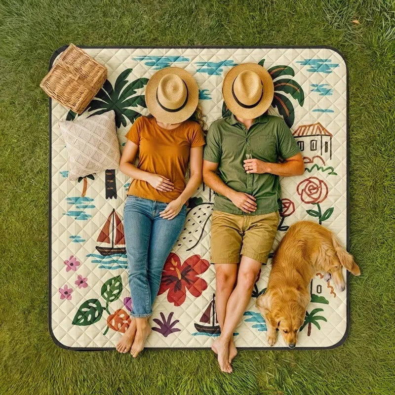 XL Foldable Picnic Blanket 198x198cm – Padded Outdoor Mat with Strap
