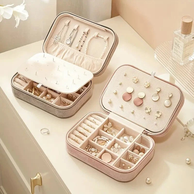 c3-Layer Velvet Jewelry Box Organizer with Zipper Travel Case for Rings & Earring