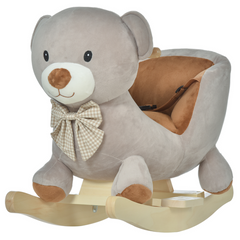 Kids Rocking Bear Plush Ride On Seat Sound Button Wood Base Seat Belt HOMCOM