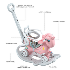 Upgraded Rocking Horse for Toddlers Balance Bike Ride On Toys with Push Handle Backrest and Balance Board for Baby Girl