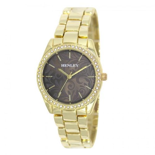 Henley Ladies Bling Etched Patterned Brown Dial & Gold plated Bracelet Watch H07326.2
