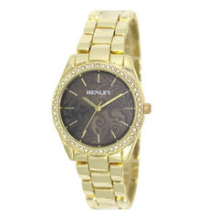 Henley Ladies Bling Etched Patterned Brown Dial & Gold plated Bracelet Watch H07326.2