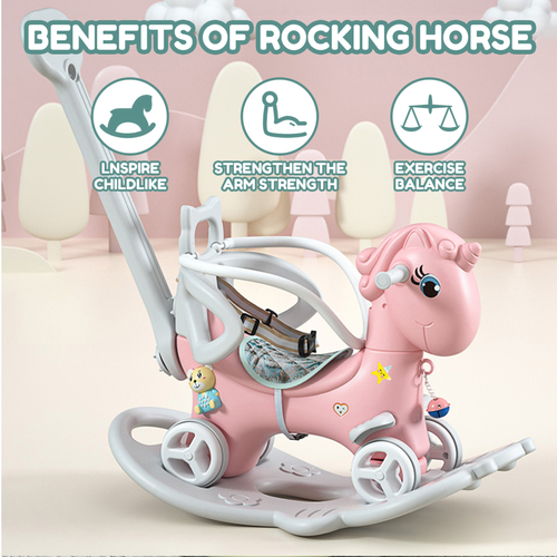 Upgraded Rocking Horse for Toddlers Balance Bike Ride On Toys with Push Handle Backrest and Balance Board for Baby Girl