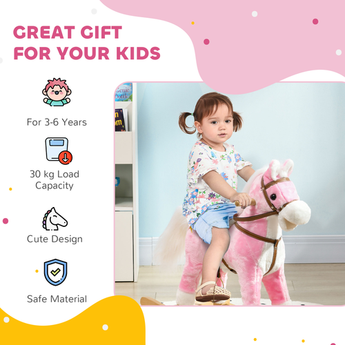 HOMCOM Wooden Ride on Horse Ride on Pony Gift for Kids 3-6 Years Pink