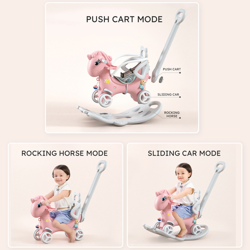Upgraded Rocking Horse for Toddlers Balance Bike Ride On Toys with Push Handle Backrest and Balance Board for Baby Girl